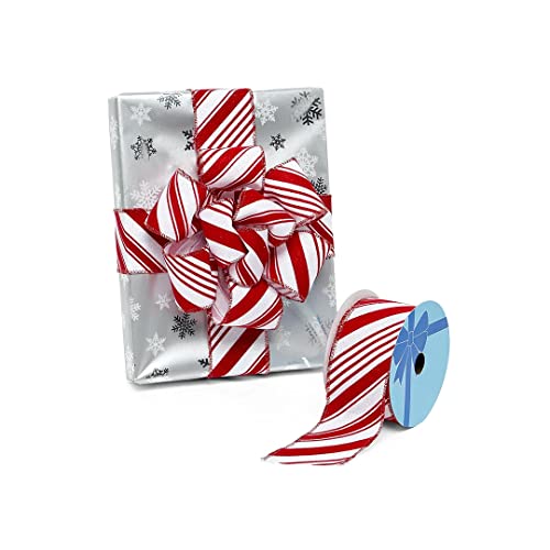 Image of GiftWrap Etc. Candy Cane Wired Christmas Ribbon - 2 1 /2 inch x 10 Yards, Red White Peppermint, Holiday, Garland, Gifts, Wrapping, Wreaths, Bows