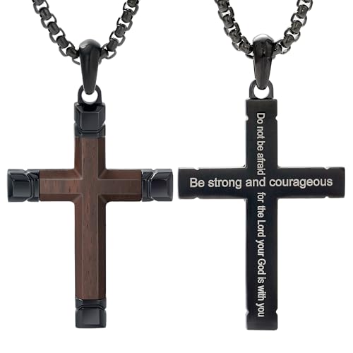 Image of Wooden Cross Necklace for Men with Stainless Steel Adjustable Chain 24-26in, Christian Wood Crucifix Pendant Gift for Him