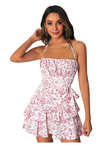 Image of Floerns Women's Floral Halter Ruffle Tiered Cute Summer Mini Dress Milkmaid Vacation Sundress