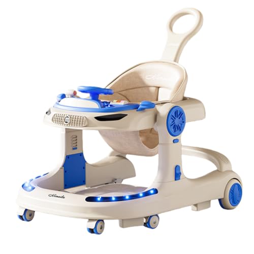 HJJ 3 in 1ベビーウォーカー 折りたたみ式ベビーカー 高さ調節可能 保管が簡単 フットレスト付き 取り外し可能なダイニングトレイ ダイニングチェアとしても使えます サイレントユニバーサルホイール (ブルー,ディナートレイ/音楽/フットマット/押しハ