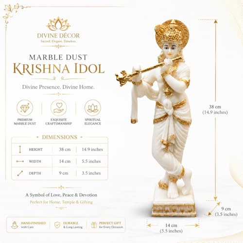 Image of ARMONIA Lord Krishna Idol Marble Dust Statue Murti |Krishana Sculpture for Home Decor,Pooja ghar,Mandir & Gifting Item |Best Gift for Wedding & Housewarming(14.9inch,White) (Include Microfiber Cloth)