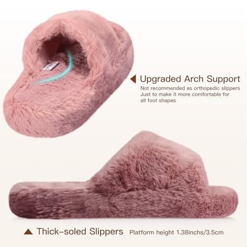 Women's Fuzzy Slippers Cross Band Memory Foam House Slippers Open Toe Plush Comfy Faux Fur Lined Slide Shoes Anti-Skid Sole3