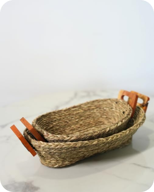 Swadeh The Bread Bower Sabai Grass Bread Basket (Set of 2): Handwoven Eco-Friendly Beige Serveware Baskets, 10 Inch & 12 Inch, Food-Safe Lightweight Tabletop Bread Basket by Indian Artisans 4