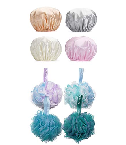 AmazerBath Shower Cap, 4-Pack Shower Caps for Women and Shower Bath Sponge Shower Loofahs Balls 60g/PCS for Body Wash Bathroom Men Women
