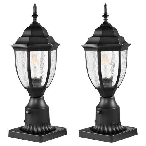 VEVOR 2 PCS Farolas Exteriores de Anochecer al Amanecer, 390 mm, Resistentes al Agua con Base de Montaje en Pilar de 9 cm, Pantalla de Vidrio Farola Exterior a Prueba de Rayos para Patio, Jardín