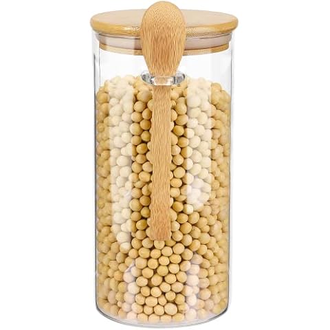 1400ML / 47.35 FL Oz Glass Storage Jar with Bamboo Wood Lid and Spoon, Airtight Clear High Borosilicate Glass Storage Container for Food Coffee Sugar Tea Spice Salt Nuts Cover