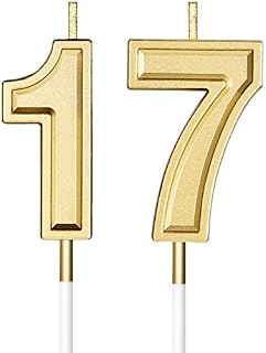 17th Birthday Candles Cake Numeral Candles Happy Birthday Cake Candles Topper Decoration for Birthday Wedding Anniversary Celebration Favor, Gold