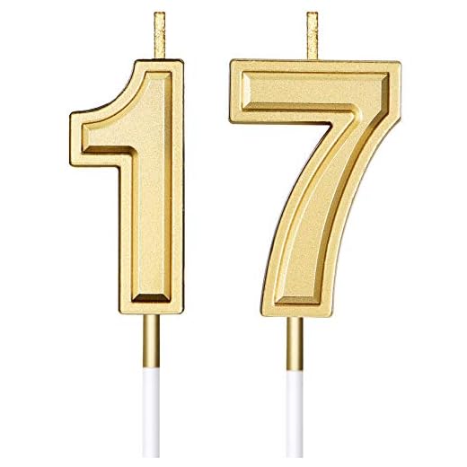 Nuanchu Velas de Cumpleaños de 17 Años Velas de Números Velas de Tarta de Cumpleaños Adornos Toppers para Boda Aniversario Celebración, Dorado