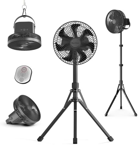 Marchpower 10in Outdoor Standing Fan, Foldable Camping Fan with Detachable Tripod 10000mAh Battery Operated Travel Fan with Remote Quiet Oscillating Fan Adjustable Height Pedestal Floor Fan for Home