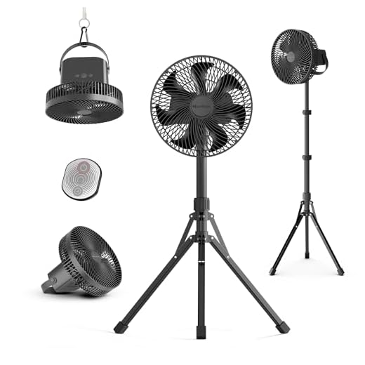Marchpower 10in Outdoor Standing Fan, Foldable Camping Fan with Detachable Tripod 10000mAh Rechargeable Travel Fan with Remote Quiet Oscillating Fan Adjustable Height Pedestal Floor Fan for Home