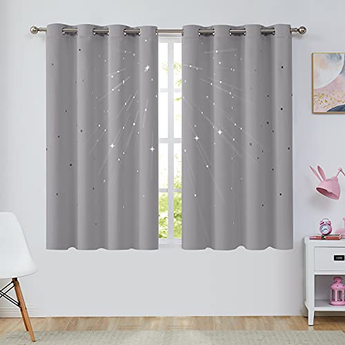 Vangao Verdunkelungsvorhänge für Kinderzimmer, Verdunkelung für Schlafzimmer, 137 cm Länge, Sternausschnitt, graue Vorhänge für Wohnzimmer, Ösen, Fensterbehandlungs-Set, 2 Paneele Cover