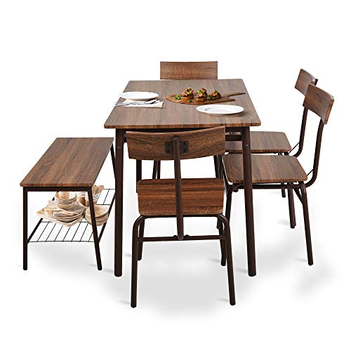 Dporticus 6 Piece Industrial Dining Set For Kitchen Dining Room W/Storage Rack,Wooden Dining Table,4 Ergonomic Chair & 1 Bench,Stainless Steel Frame,Brown #TOP6