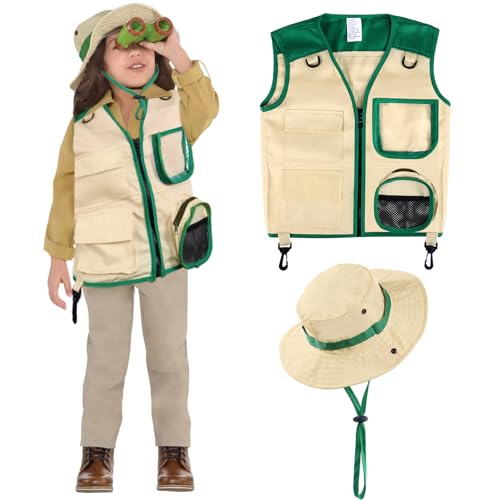 Safari Costume Cargo Vest and Hat for Kids, Outdoor Explorer Kits and Role Play for Park Ranger, Paleontologist, Zookeeper, Jane Goodall Costume,Great Backyard Safari Gift for Adventure Boys and Girls