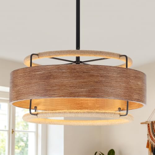 19.5" Rattan Chandelier 4-Light Wood Texture Farmhouse Boho Chandelier