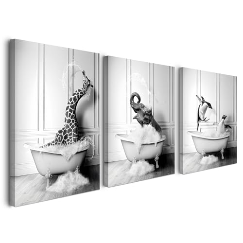 Alptiny Zabawne obrazy ścienne do łazienki, zestaw 3 sztuk, 30 x 40 cm – czarno-białe, motywy zwierzęce w wannie, WC dla gości, toaleta, dekoracja ścienna