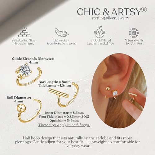 Image of CHIC & ARTSY 925 Sterling Silver Half Hoop Earrings for Women, Small Huggie Hoops Set with Ball Bar Star Moon Cross & Pearl, Lightweight Comfort Fit Everyday & Sleep Earrings