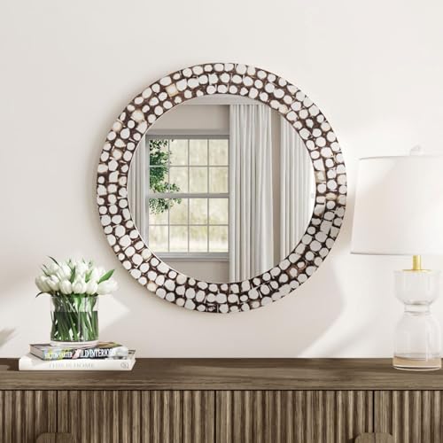 East at Main Round White Wall Mirror with Coconut Shell
