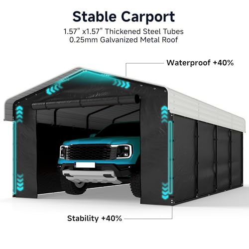 Image of 12x20FT Heavy Duty Metal Carport, Outdoor Carport with Galvanized Steel Frame and Roof, Multi-Use Car Garage Shelter with Removable Sidewalls, Enclosed for Cars, Pickup, Tractors, Tools, Cream White