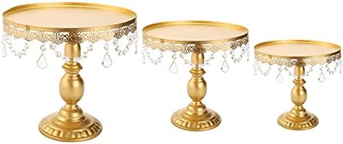 Antique Cake Stands with Crystals Hanging Bead, Round Metal Plate Holder for Dessert Cupcake|Ideal for Wedding Birthday Party Cakes Pedestal Display Stand (Gold, 3 Different Sizes Set)