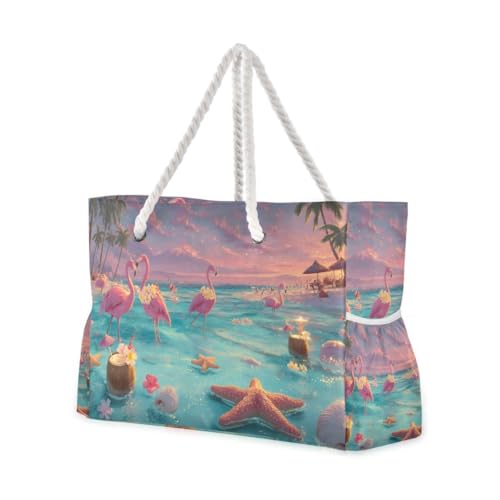 senya Large Beach Bags Totes Canvas Tote Shoulder Bag Soft Wave Water Resistant Bags for Gym Travel Daily Ocean (Hawaii Beach Two Flamingo)