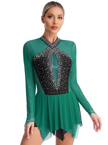 Yruioon Damen Eiskunstlauf Kleid Glitzer Rollschuhkleid Langarm Rückenfrei Eislaufkleid Kürkleid Wettbewerb Tanzkleid Dunkel Grün M