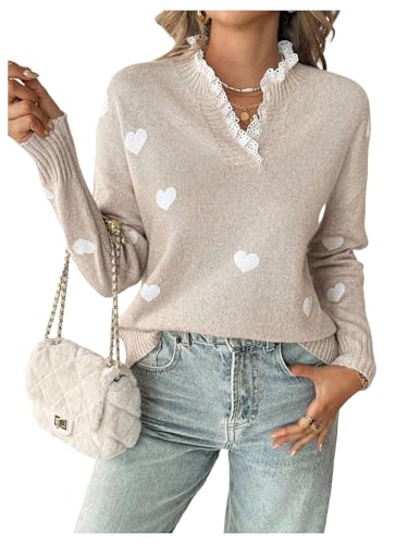 GORGLITTER Women's Heart Knitted Cozy Sweater Lace Trim Long Sleeve V Neck Cute Valentines Fall Trendy Pullover Top Apricot Large