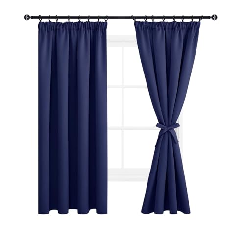 DWCN Blackout Curtains for Bedroom - Thermal Insulated Room Darkening Pencil Pleat Window Curtains for Living Room 55 x 69 inch Length,Navy Blue, 2 Panels