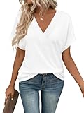 EyMuse T Shirts Short Sleeve V Neck Tees Womens Fashion Tops Loose Fit Lightweight Casual Summer Outfits Clothes 2024 White,XL