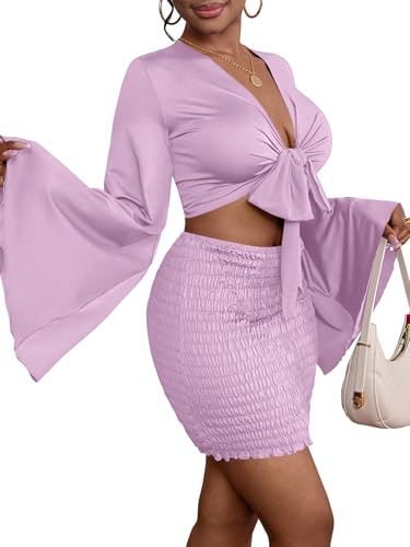 Image of LYANER Women 2 Piece Vacation Outfits Tie Knot Front Bell Long Sleeve Crop Top and Mini Skirt Summer Set