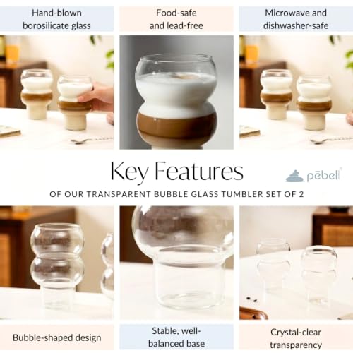 Image of PEBELLIFEWARE Viral Bubble Glass Tumblers (Set of 2) - Hand-Blown Borosilicate Clear Drinking Glasses 550ml for Coffee, Cocktail, Matcha & Smoothie - Microwave & Dishwasher Safe