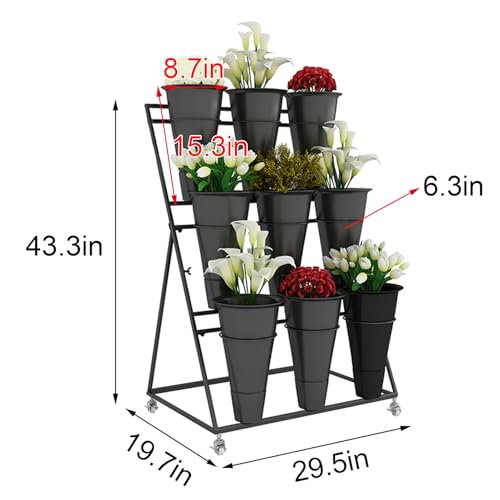 Chariot à plantes mobile robuste en fer forgé avec 12 seaux pour extérieur
