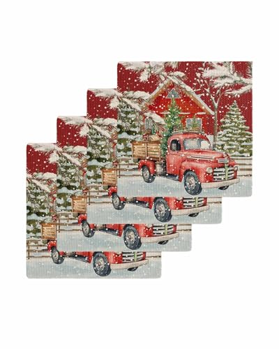 Hokiten Christmas Truck Waffle Kitchen Towels Dishcloths, Red Watercolor Xmas Tree Snowflake Absorbent Dish Towels | Hand Towels for Bathroom/Bar, 12 x 12 Inch, 4 Pcs