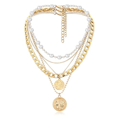 MJartoria Layered Necklaces for Women Trendy Retro Coin Pendant Necklace