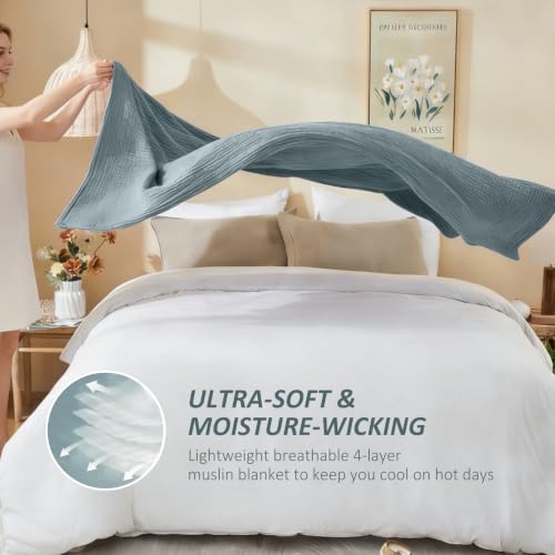 Image of EMME Cotton Muslin Large Throw Blanket 4-Layer Couch Breathable Gauze Soft Lightweight Bed Blankets Adults Two-Tone Weave Design, Pre-Washed Softer Touch (Heather Teal, 50 inchx70 inch)