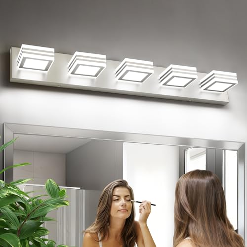 Image of SOLFART LED Bathroom Lighting Fixtures - 5 Lights Modern Brushed Nickel Acrylic Vanity Lights for Mirror 32inch 24W