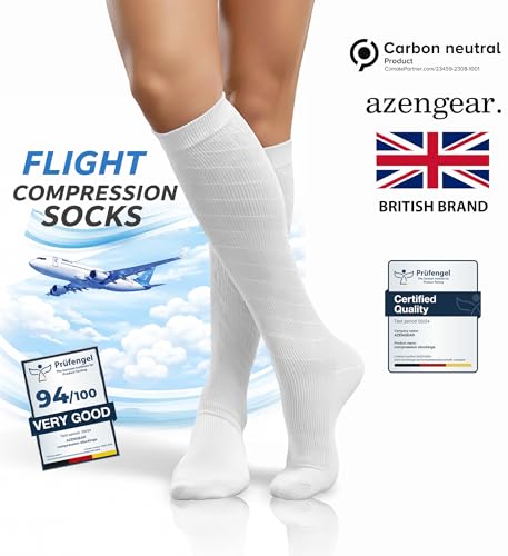 Azengear Compression Socks (20-30Mmhg) Anti Dvt Air Flying Knee-High Flight Travel Stockings, Swollen Legs, Varicose Veins, Running, Shin Splints Calf Pressure Support, Sports (White S/M) - 5