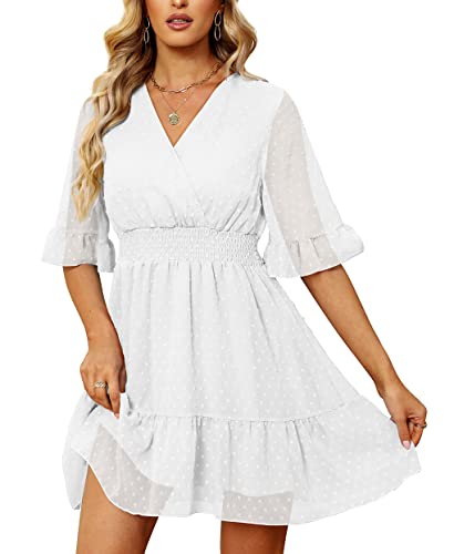 SAMPEEL Vestido feminino casual de verão com gola V e bainha com babados, 00 - Branco, P