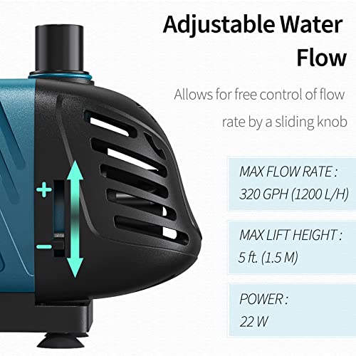 Uniclife Aquarium 320 Gph Submersible And Inline Water Pump 22W 5Ft High Lift Ac 120 V Quiet Adjustable Return Pump With 6 Ft. Power Cord For Fish Tanks Pond Waterfalls Fountains Sumps And Gardens #TOP2