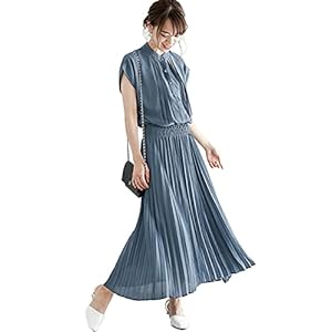 [OKJCON] ワンピース レディース 半袖 ロング丈 夏 シフォン ドレス 無地 おしゃれ 着瘦せ カジュアル 大きいサイズ (M, ブルー)" 