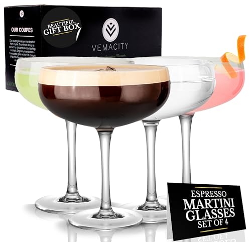 VEMACITY - Elegant Espresso Martini Glasses Set of 4 (10oz) - Classic Coupe Glasses for Martinis, Champagne, Margaritas | Handblown Crystal Cocktail Glassware | Ideal for Martinis and Cocktails
