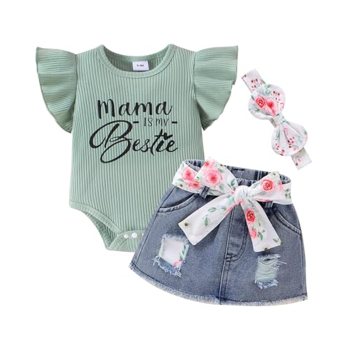 Image of CETEPY Baby Girl Clothes Newborn Romper Ruffle Sleeve Short Jeans Skirt with Headband Infant Outfits Set 0-18 Months