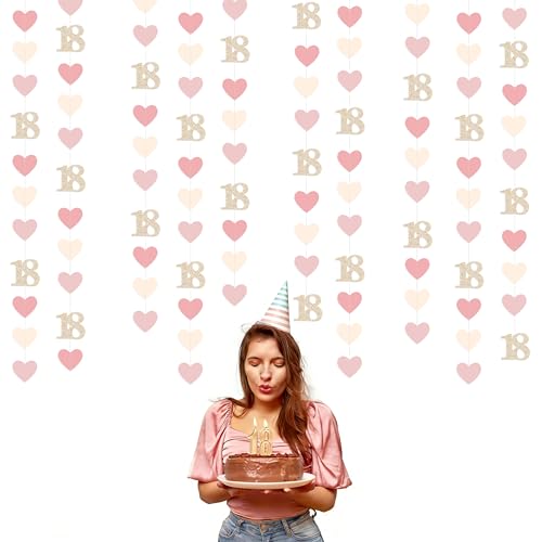 Image of Champagne Gold Pink 18th Birthday Decorations Champagne Gold Dusty Pink Heart Garland Streamer Banner Backdrop for Girls Happy 18th Birthday Time to Adult Cheers to 18 Years Old Party Supplies
