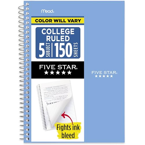 Five Star Small Spiral Notebook, 5 Subject, College Ruled Paper, 180 Sheets, 9-1/2" x 6", Color Will Vary, 1 Count (06184)