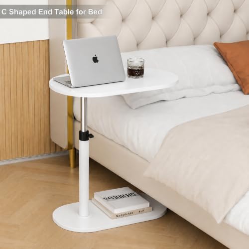 Image of Adjustable Table Stands Couch Side Table, Swivel TV Tray Table, 360 Top Moving C-Shaped End Table, Slides Under Couch Side Stand (White)