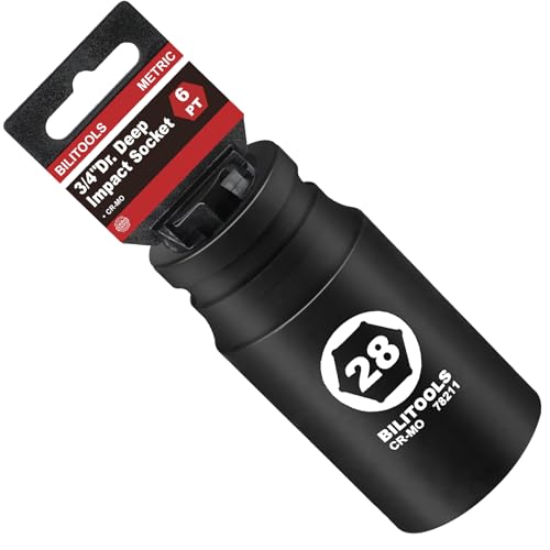 BILITOOLS 3/4" Drive Deep Impact Socket 28mm, Metric, CR-MO Steel, 6 Pt. Impact Grade Heavy Duty Large Axle Nut Socket