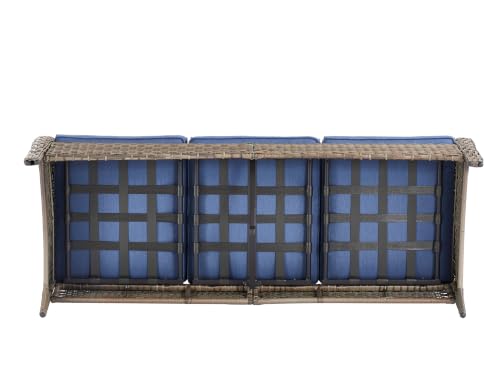 Image of Rilyson 3 Seat Outdoor Wicker Couch, Rattan Patio Sofa, Blue Cushions | High Back and Deep Seating, All Weather, Water-Resistant, Removable Cover, Stain-Resistant, for Garden Backyard Deck