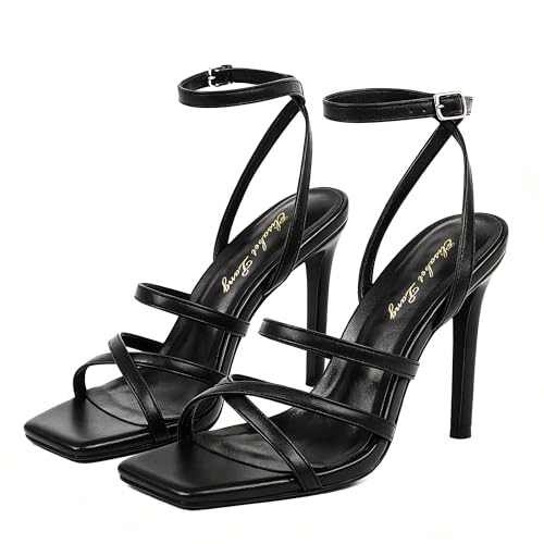 Image of Elisabet Tang Women's Crystal Stilettos Heeled Sandals, 4 Inch Square Open Toe Strappy Sexy High Heels Ankle Strap Buckle Heels for Party Wedding Dress Daily Wear Shoes