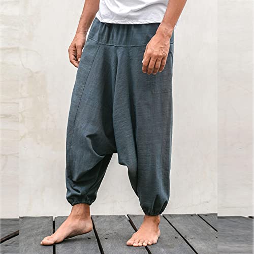 Men's Loose Solid Color Linen Pants Plus Size Casual Simple Bloomers Harem Yoga Pants Blue M #TOP1