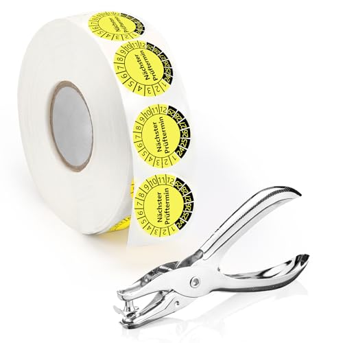 1000 Stück Prüfplaketten 30MM 1 Plakette Lochzange Rundloch 3MM Satz Nächster Prüftermin Gelb Prüfplakette Leitern und Tritte Locher Einzelloch Mehrjahresprüfplaketten Wartungsetiketten für Prüfung