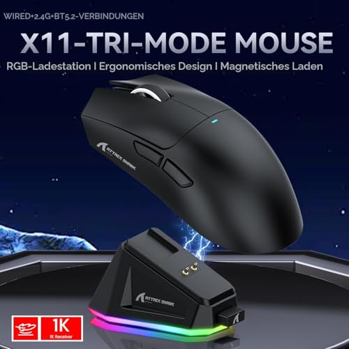 ATTACK SHARK X11 Gaming Mouse mit Magnetic Charging Dock, PixArt PAW3311 Gaming Sensor, BT/2.4G Wireless/Wired Gaming Mouse, 22000 DPI, Office Mice Gamer Mice Mice for Win11/Xbox/PS/Mac (Schwarz) 2